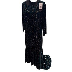 Ever Pretty Stretch Dark Green & Gold Velvet Maxi Zip Dress 3/4 Sleeve 5XL NWT
